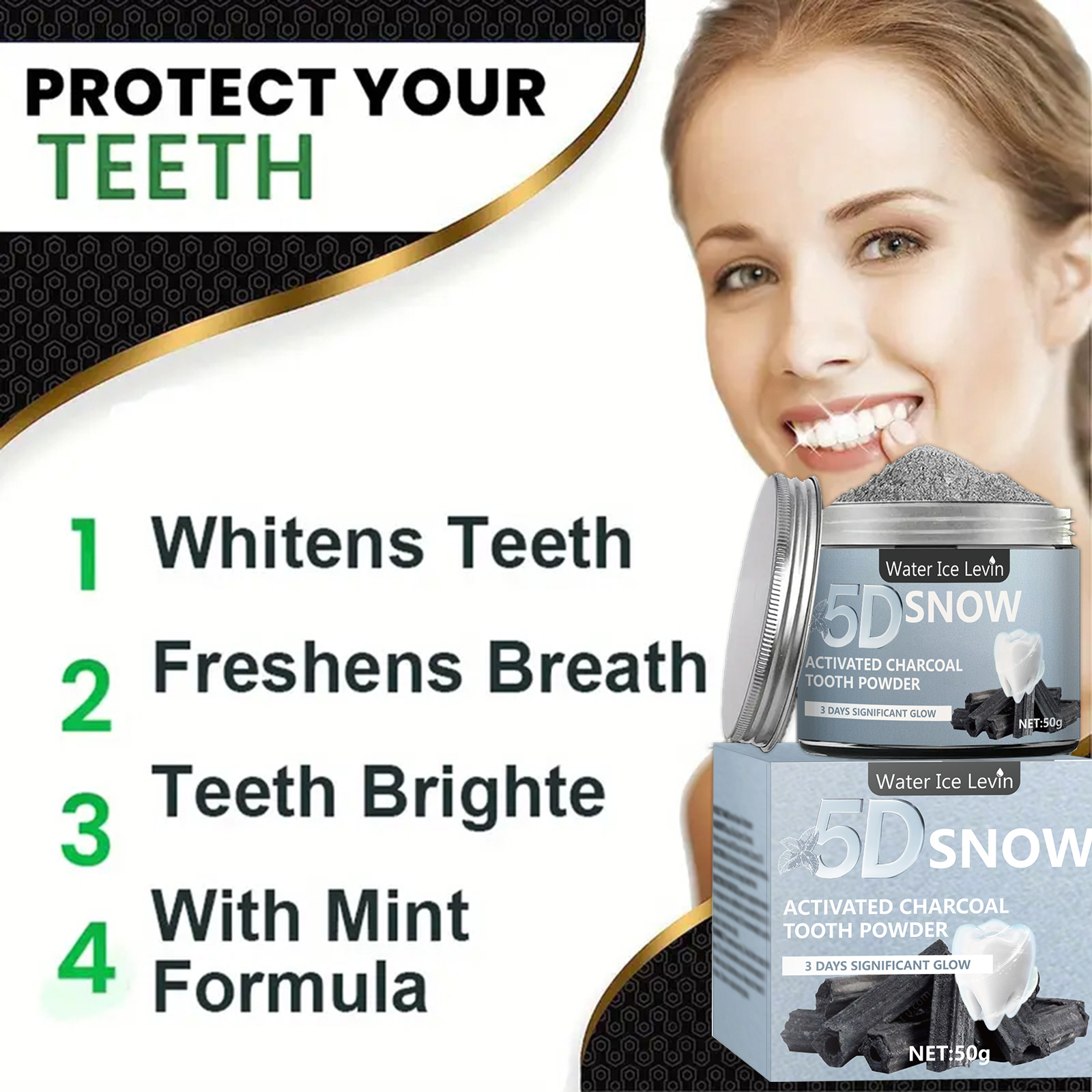 Water Ice Levin 5D Snow Activa - Teeth Whitening Charcoal Powder avaliação e preço